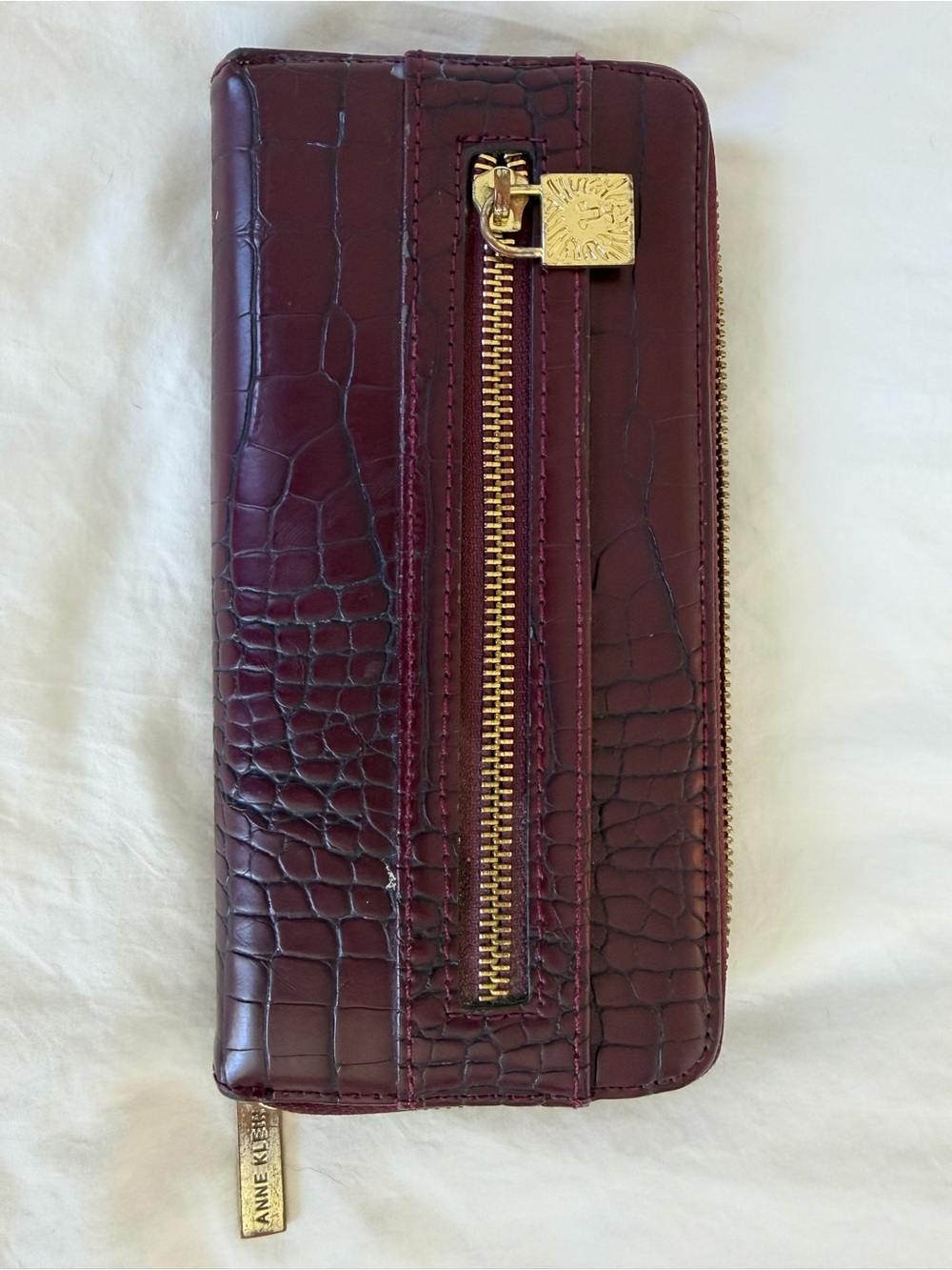 Anne Klein Burgundy Croc-Embossed Zip Around Wallet with Gold Hardware